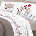 LENZUOLA MATRIMONIALE 100% COTONE GATTINI E CUORI BEIGE